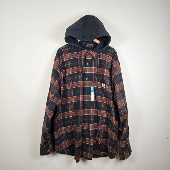Carhartt Men Sz 2XL Relaxed Fit Flannel Fleece Lined Hooded Shirt Jacket Shacket - Picture 1 of 3